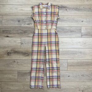 Christy Dawn Phoebe Plaid Linen Jumpsuit Small Button Front Romper Pastel Preppy